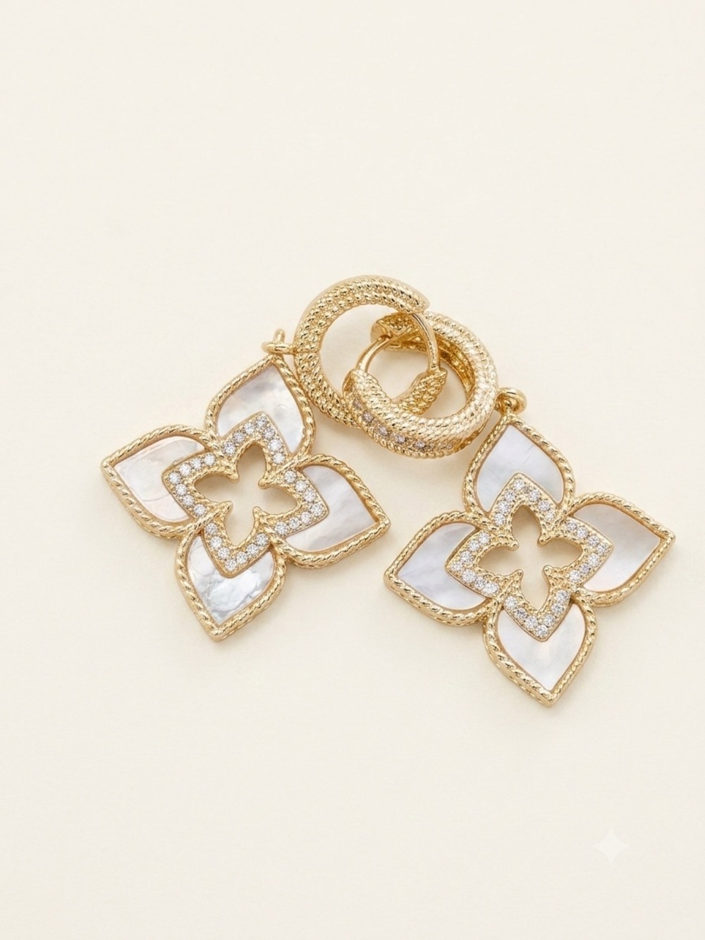 Gold and White Floral Mother-of-Pearl Drop Earrings